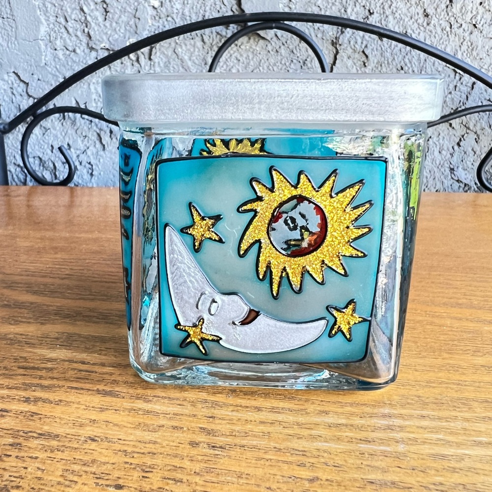 Hand-Painted Turquoise Sun & Moon Glass Art Votive Jar